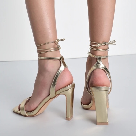 NWOT Lulus Troyes Gold Square Toe Lace-Up High Heel Sandals - Picture 3 of 8